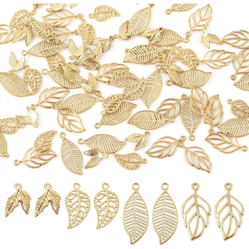 80 Pack Hollow Gold Tree Leaf Charms Pendants Beads for DIY Jewelry Making Findi
